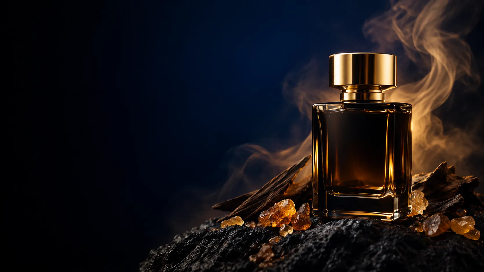Frasco de perfume oscuro sobre roca volcánica con humo dorado y cristales de ámbar