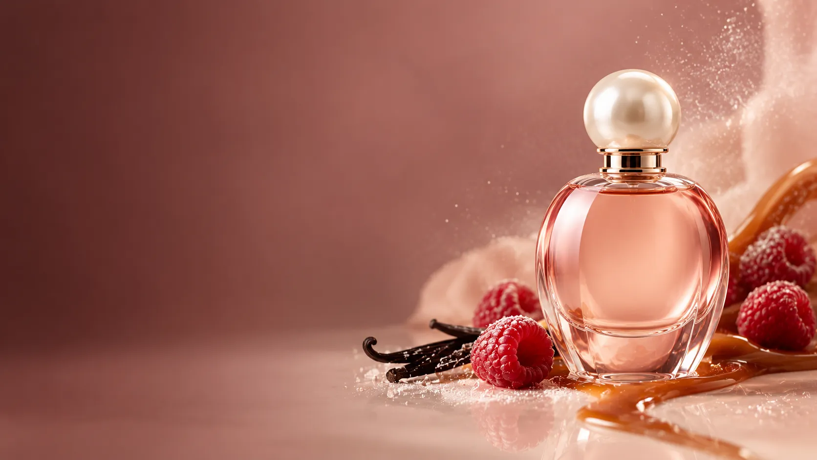 Frasco de perfume rosado con tapa de perla junto a frambuesas, vainilla y caramelo
