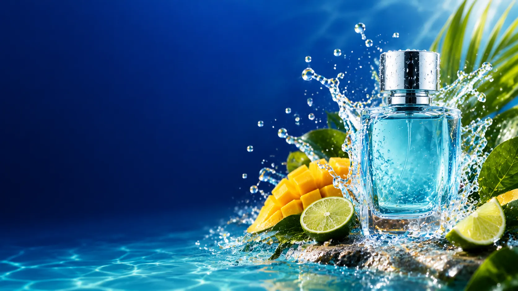 Frasco de perfume azul salpicado de agua junto a mango, limón y hojas tropicales